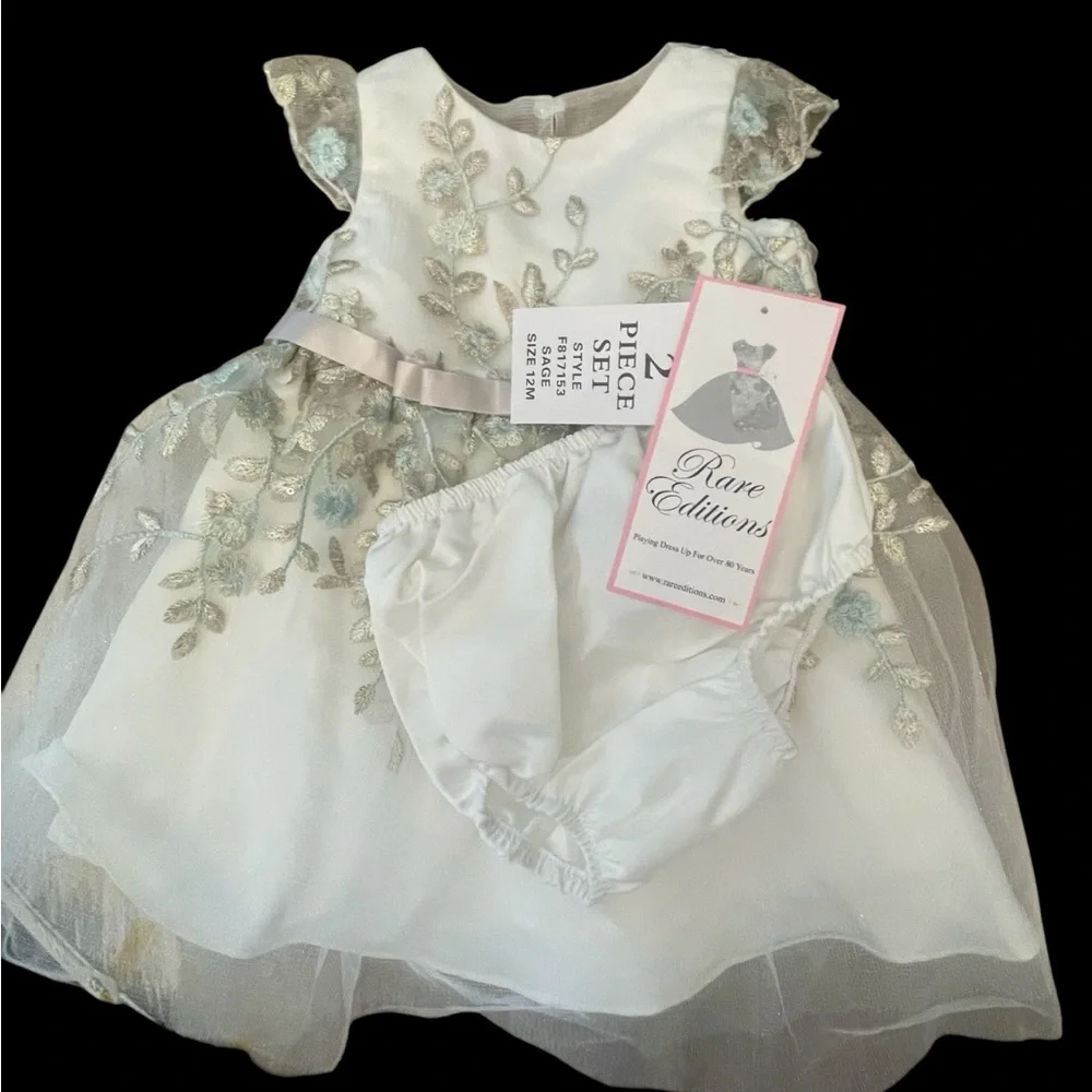 Rare Editions White and Silver Floral Dress w/bloomers